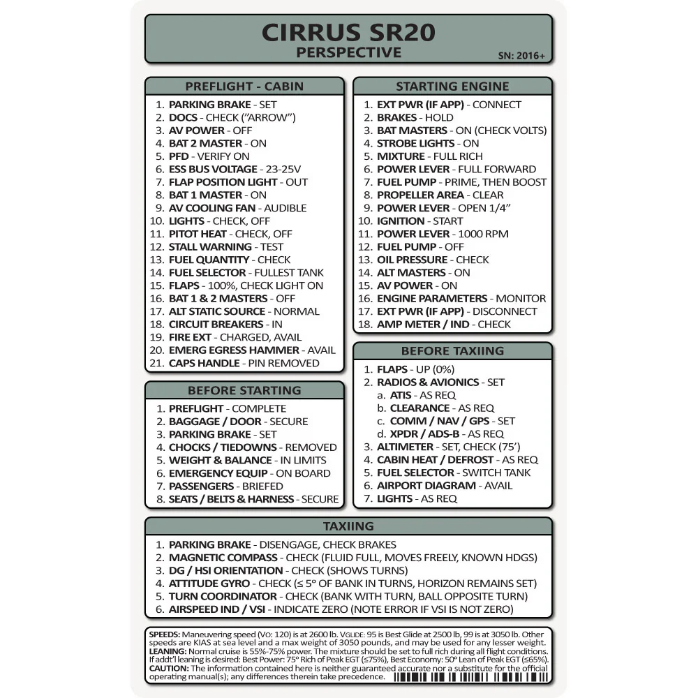 Pocket Checklist, Cirrus SR20 Perspective+