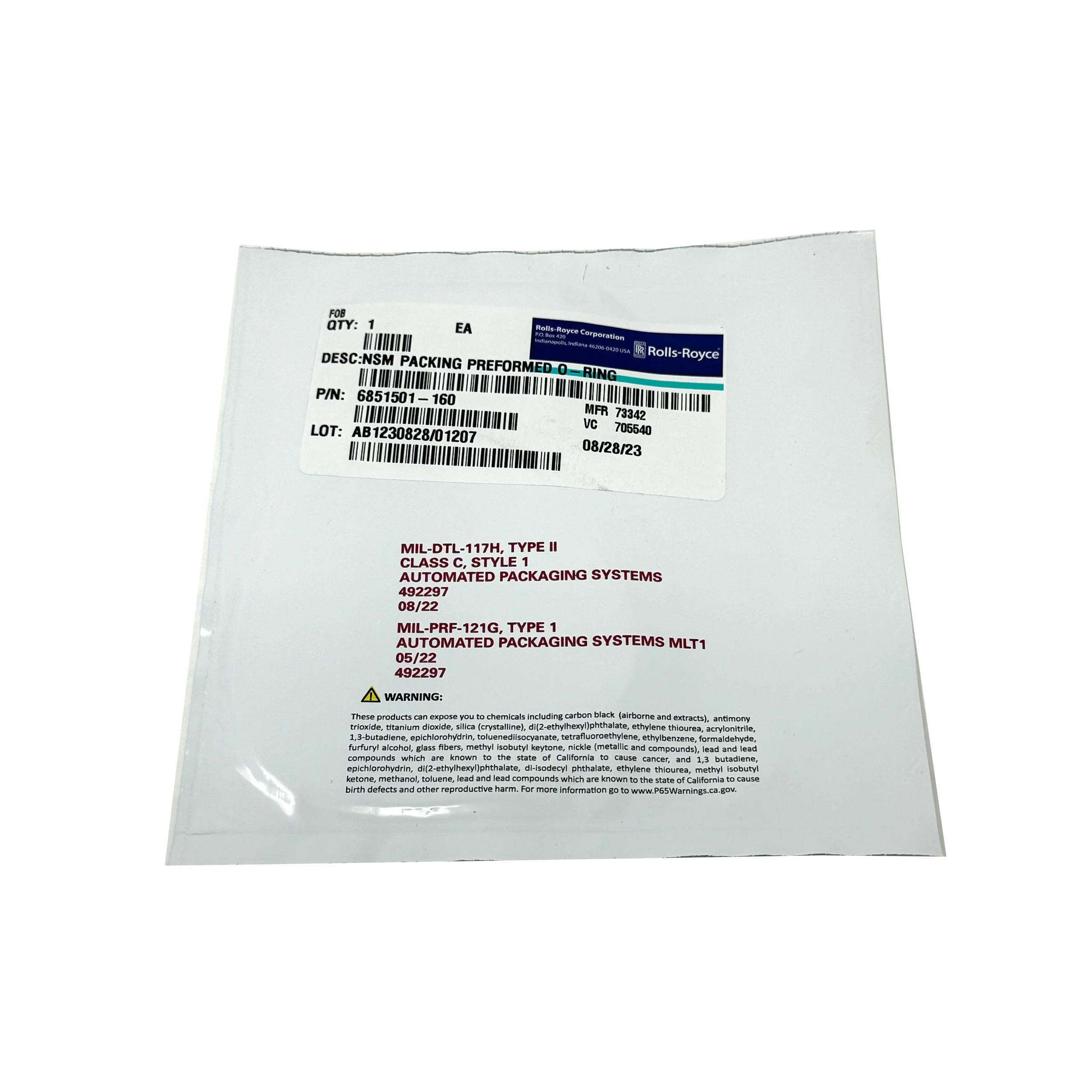 Rolls Royce - Fluorocarbon Rubber Aircraft O-ring | 6851501-160